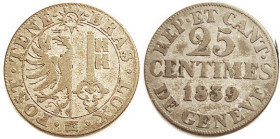 SWITZERLAND, Geneva, 25 Centime 1839, 25 mm, F-VF, ltly toned, nice.