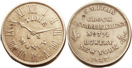 UNITED STATES, Hard Times Token 1837 Smith's Clock, NYC, "Time is Money," clockface, Low 136; AEF, one small dig each side, otherwise very nice with e...