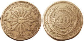 URUGUAY, 40 Cent, 1857, Copper, Sunface, 38 mm, AF medium brown.