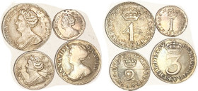 Anne, Maundy Set 1706, 1d AU, 2d VF scratched, 3d nice AF, 4d Ch toned VF-EF. (A VF-EF set brought $946, Kunker 10/14.)