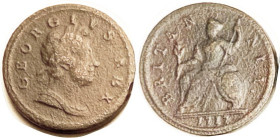George I, 1/2 Penny 1717, "Dump" type, rare var with no obv stops, P769; F+, moderate even coarseness, darkish brown. (Spink F cat £100; Normal var, G...