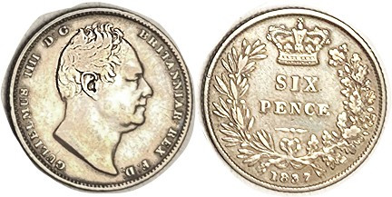 William IV, 6 Pence 1837, Nice VF, lt tone. Rare date. Ex my collection bought 1...