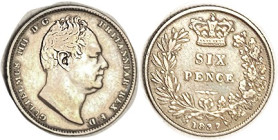 William IV, 6 Pence 1837, Nice VF, lt tone. Rare date. Ex my collection bought 1979. (Spink £60.)