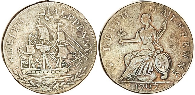 Conder Token, 1/2d 1797, Leith (Scotland), D&H 60, Ship/Britannia std; AF.