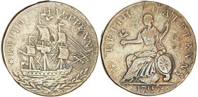 Conder Token, 1/2d 1797, Leith (Scotland), D&H 60, Ship/Britannia std; AF.
