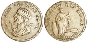 Conder Token, Farthing, Bath D&H 115, Bladud head l./ him stg with pigs; Nice lt brown AVF, free of faults. (Better than an AVF bringing $48, Teutobur...