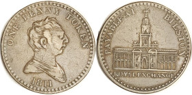 Penny Token, 1811, Bilston, George III bust r/Royal Exchg building, 35 mm; Nice VF, in old Dana Roberts env (he typically wrote "tidy & clear") (More ...