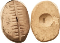 Bone imitation cowrie, original Zhou Dynasty piece, as Hartill 1.2, 16x26 mm, pale beige, railroad track design, tiny center hole, very nice example. ...