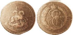 2 Kop 1793/83, horseman, EM below horse, large 39 mm flan, a little double struck, AF, medium brown. EXTREMELY RARE date, overdate unlisted. (F cat $3...
