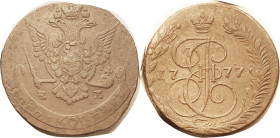 5 Kop 1777-EM, big copper, 43 mm, F+, medium brown, faintly grainy, horseman visible.
