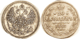 20 Kop 1862-MN, nice sharp EF, lt tone. (A GVF brought $74, Sincona 10/12.)