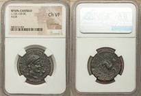SPAIN. Castulo. Ca. 150-100 BC. AE as (28mm, 1h). NGC Choice VF, smoothing. Diademed, male head right; hand in front / KASTILO (Iberian), sphinx with ...