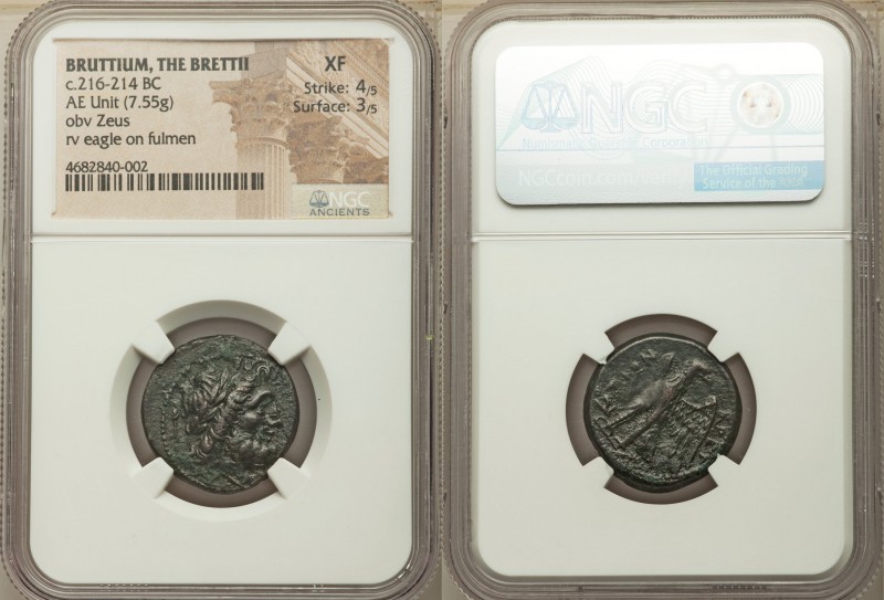 BRUTTIUM. The Brettii. Ca. 216-214 BC. AE unit or drachm (22mm, 7.55 gm, 2h). NG...