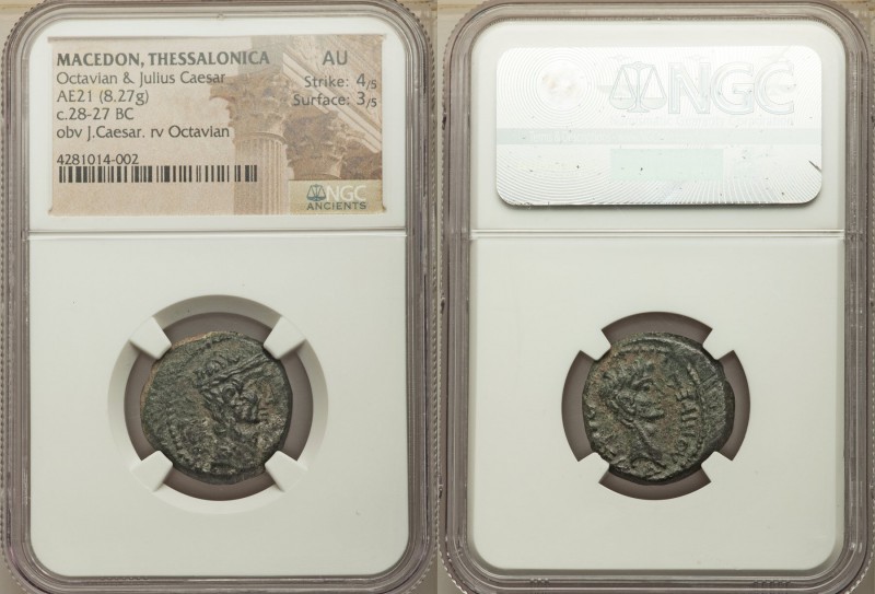 MACEDON. Thessalonica. Octavian and Divus Julius Caesar (28/7 BC). AE (21mm, 8.2...