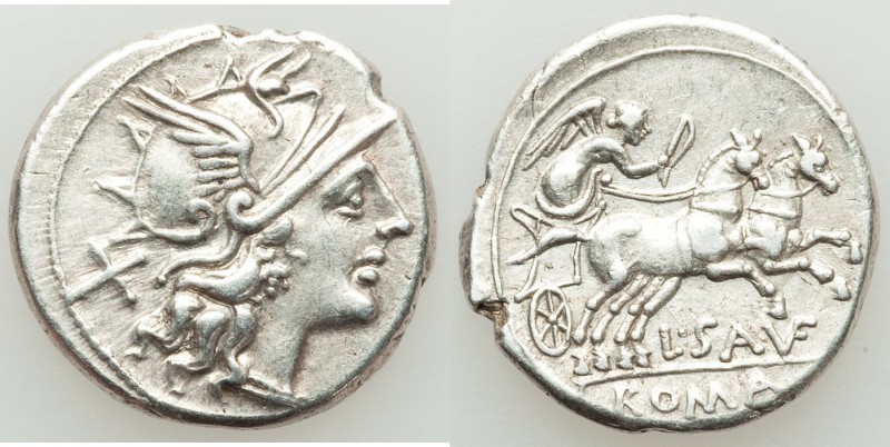 L. Saufeius (ca. 152 BC). AR denarius (19mm, 3.80 gm, 2h). XF. Rome. Head of Rom...