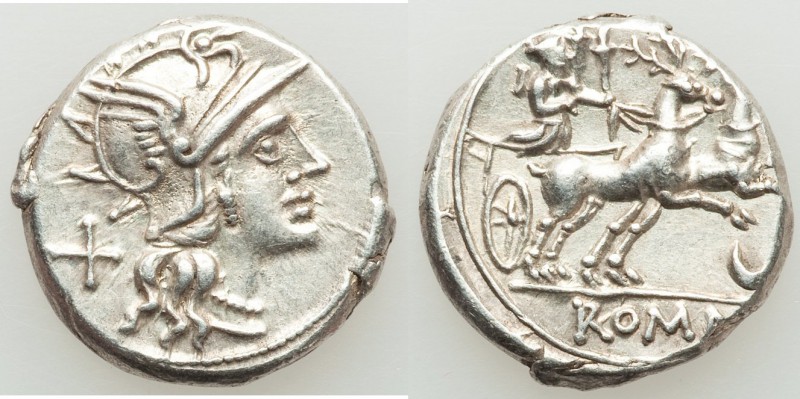 Anonymous (ca. 143 BC). AR denarius (18mm, 3.90 gm, 8h). Choice XF. Rome. Head o...