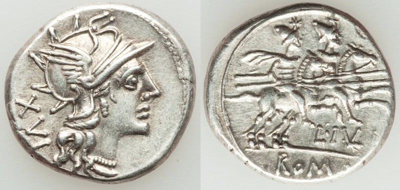 L. Julius (ca. 141 BC). AR denarius (19mm, 3.93 gm, 6h). XF. Rome. Head of Roma ...