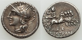 L. Appuleius Saturninus (ca. 104 BC). AR denarius (19mm, 3.89 gm, 6h). Choice VF. Rome. head of Roma left, wearing winged helmet decorated with griffi...