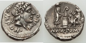L. Pomponius Molo (ca. 97 BC). AR denarius (18mm, 3.95 gm, 11h). About XF. Rome. L•POMPON•-MOLO, laureate head of Apollo right / NVMA•POMPIL (MA and M...