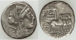 L. Rubrius Dossenus (ca. 87 BC). AR denarius (17mm, 3.77 gm, 6h). VF, scratches. DOS, Veiled head of Juno right, wearing stephane, scepter over should...