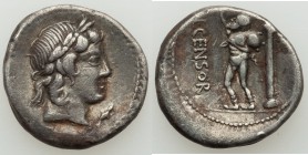 L. Marcius Censorinus (ca. 82 BC). AR denarius (18mm, 3.72 gm, 10h). VF. Rome. Laureate head of Apollo right / L•CENSOR, Satyr Marsyas walking left, r...