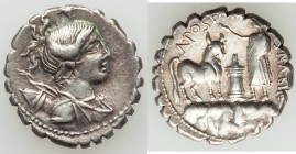 L. Postumius Albinus (ca. 81 BC). AR denarius serratus (18mm, 3.95 gm, 10h). About XF. Rome. Draped bust of Diana right, hair tied in topknot, bow and...