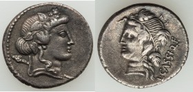 L. Cassius Q.f. Longinus (ca. 78 BC). AR denarius (18mm, 3.67 gm, 2h). Choice VF. Head of Liber (or Bacchus) right, wearing ivy wreath; thyrsus over s...