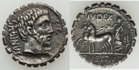 T. Vettius Sabinus (ca. 70 BC). AR denarius serratus (19mm, 3.86 gm, 6h). Choice VF, adjustment mark. Rome. SABINVS-S•C, bearded head of King Tatius r...