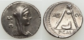 P. Sulpicius Galba (ca. 69/8 BC). AR denarius (18mm, 3.79 gm, 7h). XF. Rome. Veiled head of Vesta right; S•C behind / Knife, simpulum and securis (axe...