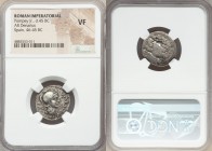 Gnaeus Pompey Junior (46-45 BC). AR denarius (20mm, 4h). NGC VF. Uncertain mint in Spain. M•POBLICI•LEG•PRO•-PR, helmeted head of Roma right; bead and...
