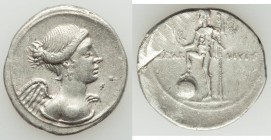 Octavian, as Sole Imperator (31-27 BC). AR denarius (21mm, 3.60 gm, 3h). Choice VF, test cut, scuffs. Rome, 30-27 BC. Diademed half-length bust of Vic...