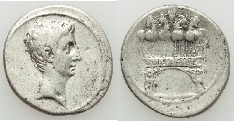 Octavian, as Sole Imperator (31-27 BC). AR denarius (20mm, 3.68 gm, 2h). VF, scr...