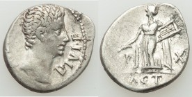 Augustus (27 BC-AD 14). AR denarius (20mm, 3.78 gm, 9h). Choice VF. Lugdunum, 15-13 BC. AVGVSTVS-DIVI•F, bare head of Augustus right / IMP-X, Apollo C...