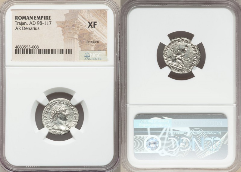 Trajan (98-117 AD). AR denarius (18mm, 7h). NGC XF, brushed. Rome, 103-111 AD. I...