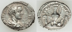 Caracalla, as Caesar (AD 198-217). AR denarius (19mm, 2.74 gm, 1h). Choice XF, clashed dies. Rome, ca. AD 196. M AVR ANTO-NINVS CAES, bare headed, dra...