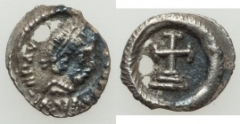 Maurice Tiberius (AD 582-602). AR quarter-siliqua (12mm, 0.36 gm, 4h). Choice VF, voids. Ravenna. D N MAVR TIB P P AVI, pearl-diademed, draped bust of...