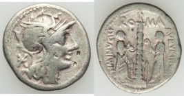 ANCIENT LOTS. Roman Republican. Ca. 134-55 BC. Lot of two (2) AR denarii. Fine, bankers marks. Includes: Ti. Minucius C.f. Augurinus (ca. 134 BC), Fin...