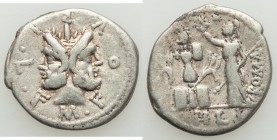 ANCIENT LOTS. Roman Republican. Ca. 119-90 BC. Lot of two (2) AR denarii. Fine. Includes: M. Furius L.f. Philus (ca. 119 BC), Fine // M. Cato (ca. 90 ...