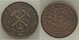 Mines de Gar-Rouban copper 5 Francs Token 1865 XF (encrustation), Lec-286, Fl-176. 32mm. 10.55gm. MINES DE GAR-ROUBAN 1865 within beaded circle BON PO...