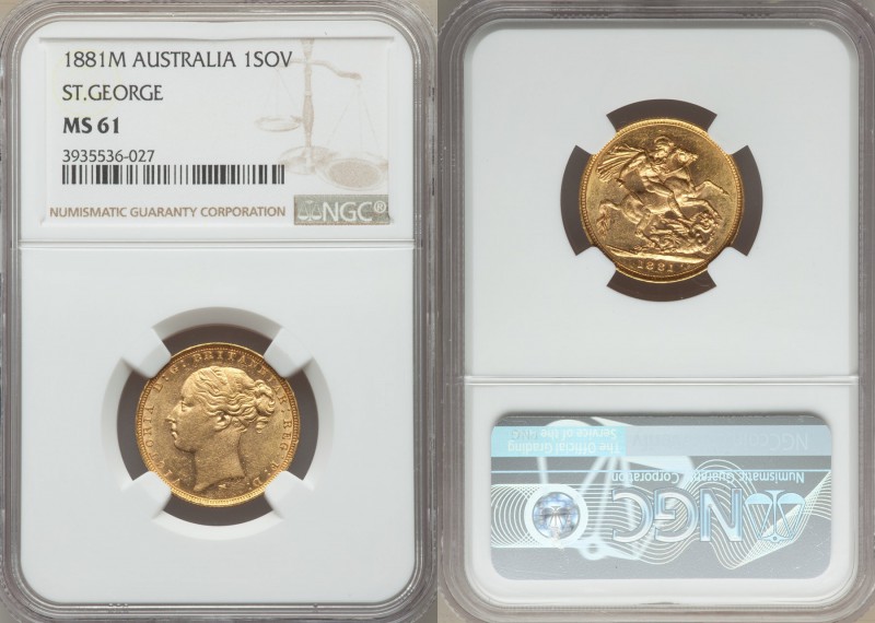 Victoria gold "St. George" Sovereign 1881-M MS61 NGC, Melbourne mint, KM7. AGW 0...