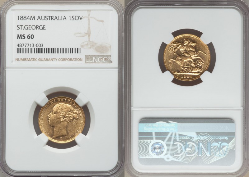 Victoria gold "St. George" Sovereign 1884-M MS60 NGC, Melbourne mint, KM7. AGW 0...