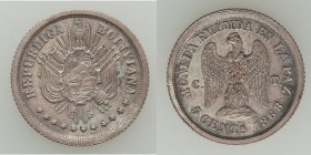 Republic silver Pattern 5 Centavos 1868-CT UNC, La Paz mint, KM-Pn14. 20mm. 1.25gm. Covered in even gray toning, highlighted with pastel rainbow color...