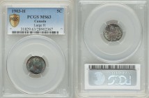 Edward VII "Large H" 5 Cents 1903-H MS63 PCGS, Heaton mint, KM13. Variety with the Large H on the reverse. Colorfully toned. From the Engelen Collecti...