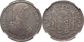 Ferdinand VII 8 Reales 1809 So-FJ XF40 NGC, Santiago mint, KM68. A scarce and much-desired type, this example is attractively toned with varying shade...