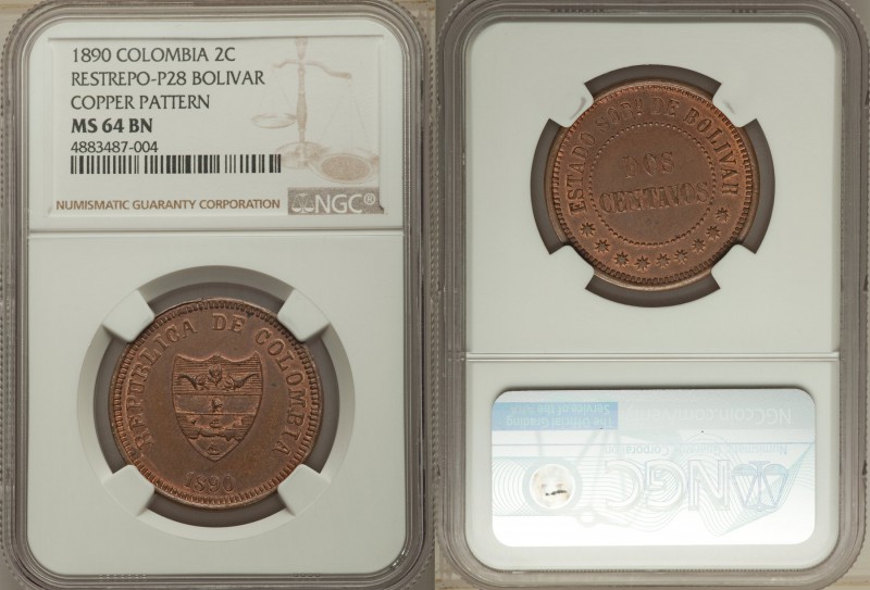 Republic copper Pattern 2 Centavos 1890 MS64 Brown NGC, KM-Pn29b, Restrepo-P28. ...