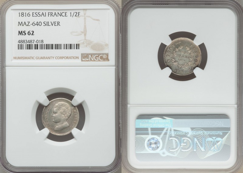 Napoleon II silver Essai 1/2 Franc 1816 MS62 NGC, Maz-640, Gad-400. From the Eng...