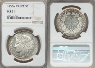 Republic 5 Francs 1850-A MS61 NGC, Paris mint, KM761.1. Just a three year type for this popular Ceres head design. Bright white with cameo devices ove...
