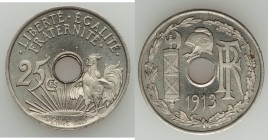 Republic nickel Essai 25 Centimes 1913-(a) UNC, Paris mint, KM-E42, Maz-2149. Fasces, right and monogram, left divided by center hole, Liberty cap abo...