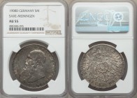 Saxe-Meiningen. Georg II 5 Mark 1908-D AU55 NGC, Munich mint, KM201. Dark gun-metal gray, rose and turquois toning with nice spots of luster bursting ...
