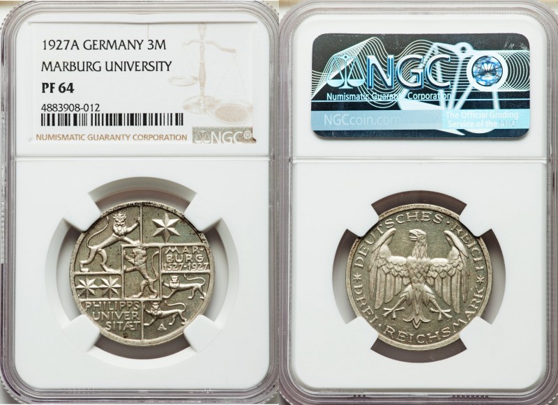 Weimar Republic Proof 3 Mark 1927-A PR64 NGC, Berlin mint, KM53. From the Engele...